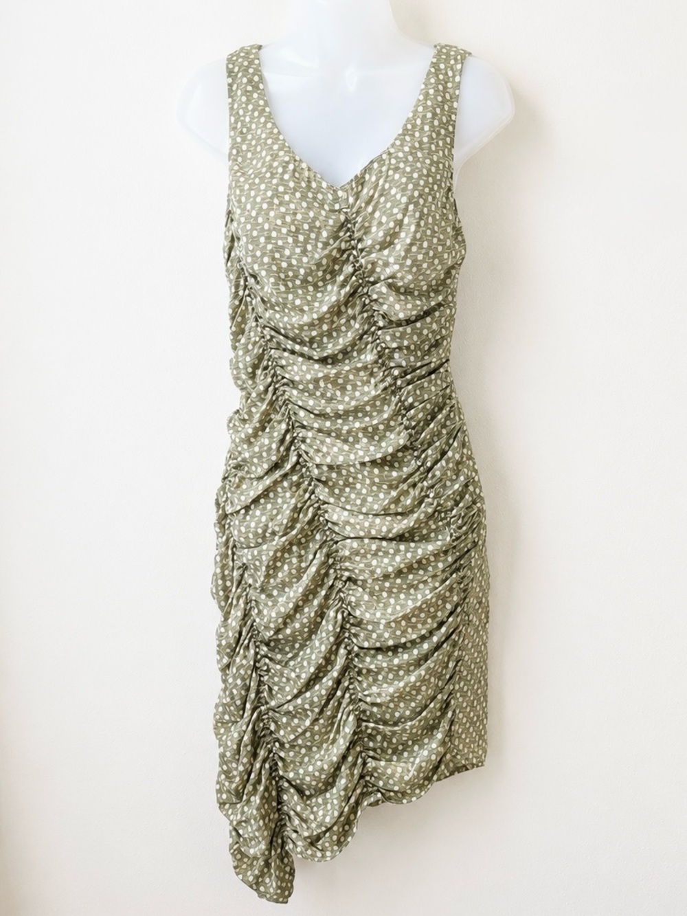 Ali Ro 100% Silk Ruched Draped Asymmetrical Dress Green White Polka Dot Size 8